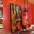 Quadro Decorativo - Frida Kahlo A Essência da Emoção | quadros decorativos para sala | Mulher elegante com flores vermelhas nos cabelos cercada por pássaros e rosas em tons dourados | Porao dos Quadros