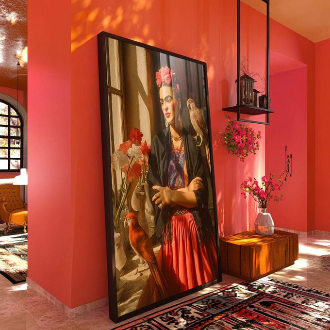 Quadro Decorativo - Frida Kahlo A Essência da Emoção | quadros decorativos para sala | Mulher elegante com flores vermelhas nos cabelos cercada por pássaros e rosas em tons dourados | Porao dos Quadros