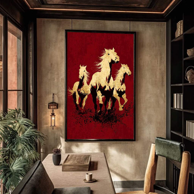 Quadro Decorativo Cavalos em Dourado | quadros decorativos para sala | Três cavalos em tons dourados em composição dinâmica contra fundo vermelho intenso | Porao dos Quadros