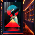 Faraó egípcio de perfil com coroa azul, círculo vermelho e pirâmide em fundo preto, quadro decorativo