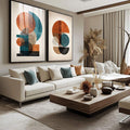 Quadro Decorativo Minimalista em Duo | quadros decorativos para sala | Duas composições abstratas geométricas em laranja, azul, bege e tons terrosos com círculos e retângulos sobrepostos. | Porao dos Quadros