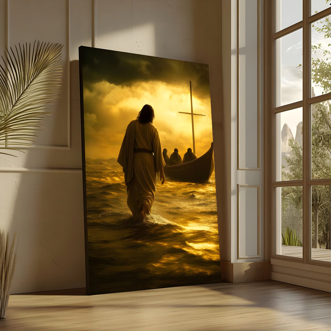 Jesus caminhando sobre o mar dourado rumo ao barco dos discípulos sob céu dramático, quadro decorativo