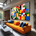 Composição abstrata geométrica em azul, amarelo, vermelho, verde e preto estilo Bauhaus, quadro decorativo