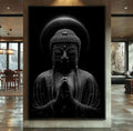 Quadro Decorativo Buda Sereno | quadros decorativos para sala | Buda em meditação preto e branco com halo luminoso em composição contemplativa vertical | Porao dos Quadros