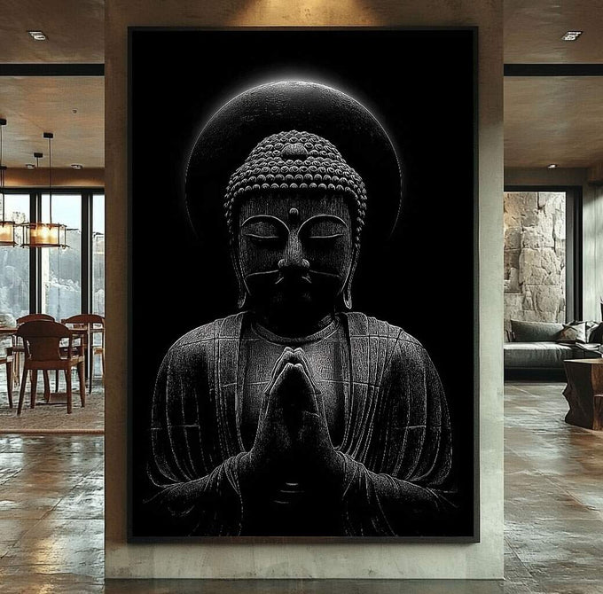 Quadro Decorativo Buda Sereno | quadros decorativos para sala | Buda em meditação preto e branco com halo luminoso em composição contemplativa vertical | Porao dos Quadros
