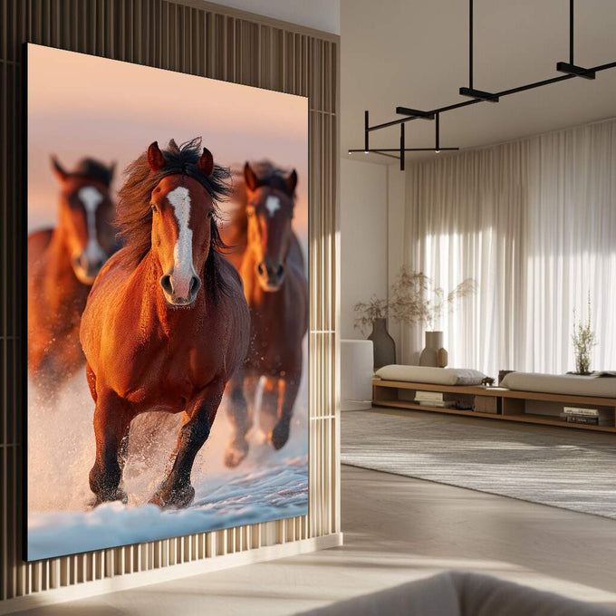 Quadro Decorativo Cavalos em Liberdade | quadros decorativos para sala | Cavalos marrom-avermelhados galopando na praia contra pôr do sol dramatico | Porao dos Quadros