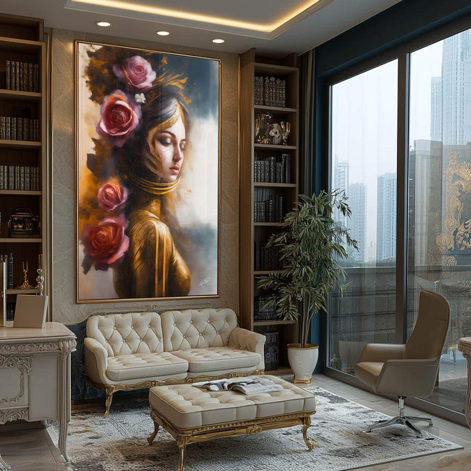 Quadro Decorativo: Elegância de uma Mulher Japonesa Floral | quadros decorativos para sala | Mulher em perfil com rosas rosa e vermelhas em tons dourados e quentes | Porao dos Quadros