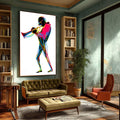 Quadro Decorativo Músico Vibrante | quadros decorativos para sala | Músico tocando trompete em silhueta neon com cores vibrantes amarelo, azul, rosa e verde | Porao dos Quadros