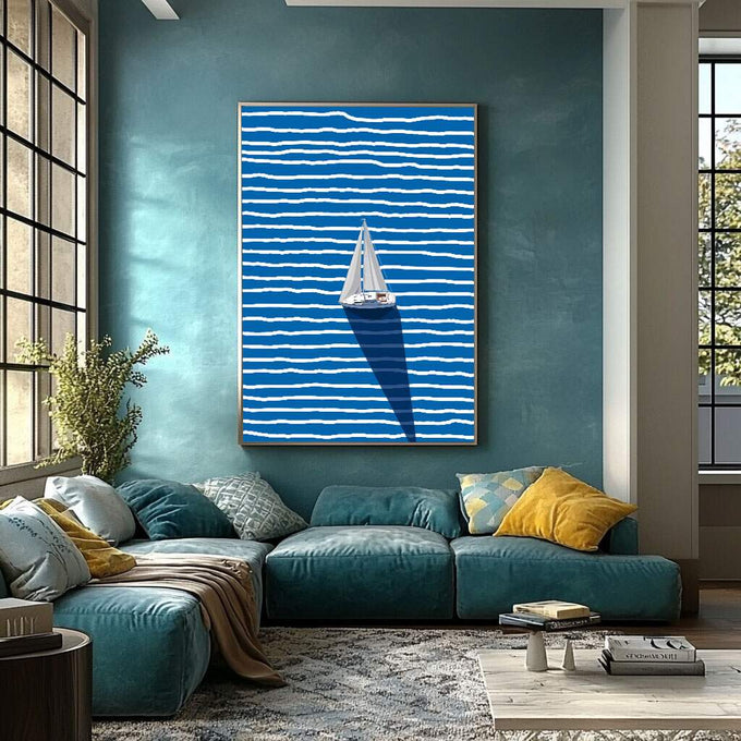 Quadro Decorativo Vela ao Vento | quadros decorativos para sala | Veleiro branco navegando em mar de listras azuis e brancas abstratas | Porao dos Quadros