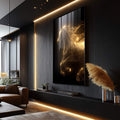 Quadro Decorativo Cavalo Dourado Etéreo | quadros decorativos para sala | Cavalo majestoso em preto e dourado com efeito de luz luminosa e partículas flutuantes em composição artística. | Porao dos Quadros