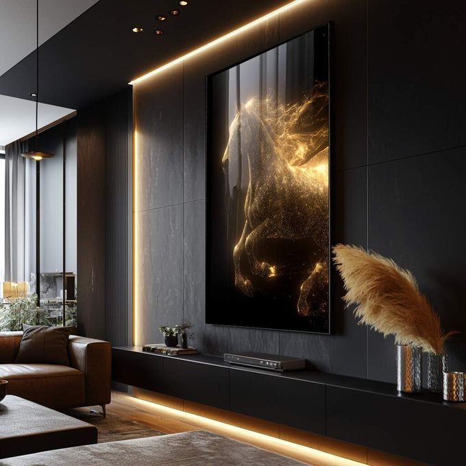 Quadro Decorativo Cavalo Dourado Etéreo | quadros decorativos para sala | Cavalo majestoso em preto e dourado com efeito de luz luminosa e partículas flutuantes em composição artística. | Porao dos Quadros