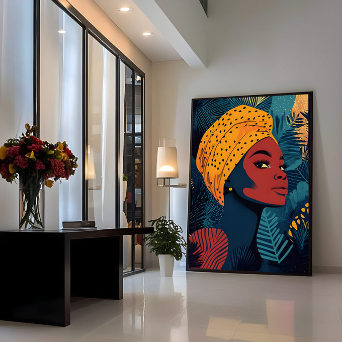 Mulher negra de perfil com turbante amarelo de bolinhas e folhas tropicais azuis, quadro decorativo
