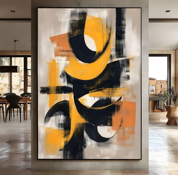 Pintura abstrata com curvas pretas e pinceladas amarelas e laranja sobre fundo claro, quadro decorativo