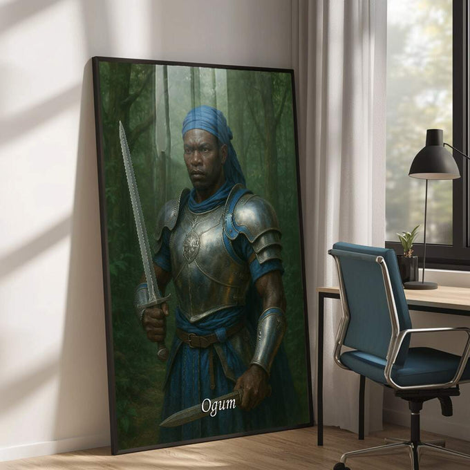 Quadro Decorativo Orixá Ogum: Poder e Proteção | quadros decorativos para sala | Guerreiro em armadura azul brilhante com turbante azul segurando espada em floresta verde. | Porao dos Quadros