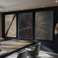 Quadro Decorativo Deslumbre Dourado Luxo e Sofisticação | quadros decorativos para sala | Três telas com composição abstrata de linhas geométricas em preto, bege e dourado | Porao dos Quadros