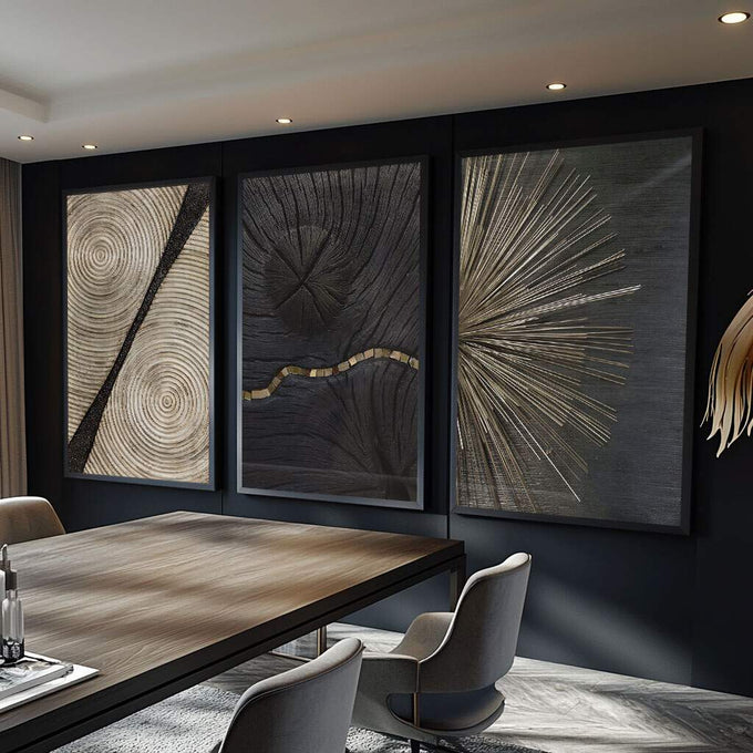 Quadro Decorativo Deslumbre Dourado Luxo e Sofisticação | quadros decorativos para sala | Três telas com composição abstrata de linhas geométricas em preto, bege e dourado | Porao dos Quadros