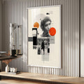 Quadro Decorativo Minimalista Enigmático Moderno | quadros decorativos para sala | Colagem abstrata com círculos vermelho e laranja sobre fundo preto, branco e cinza com sobreposição de retratos | Porao dos Quadros