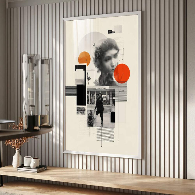 Quadro Decorativo Minimalista Enigmático Moderno | quadros decorativos para sala | Colagem abstrata com círculos vermelho e laranja sobre fundo preto, branco e cinza com sobreposição de retratos | Porao dos Quadros