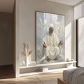 Quadro Decorativo Orixá Oxalá: Serenidade Divina | quadros decorativos para sala | Sábio em vestes brancas com pombas em voo contra céu nublado em tons suaves. | Porao dos Quadros