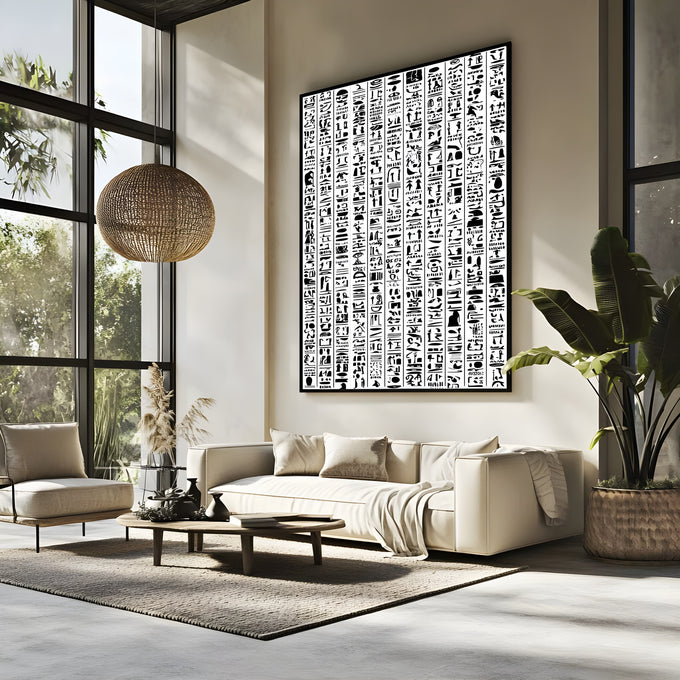 Colunas verticais de hieróglifos egípcios em preto sobre fundo branco, quadro decorativo
