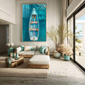 Quadro Decorativo Canoa Serene Moderna | quadros decorativos para sala | Barco azul e branco flutuando em águas turquesas vistas de cima com sombra e detalhes de cordas laranja. | Porao dos Quadros