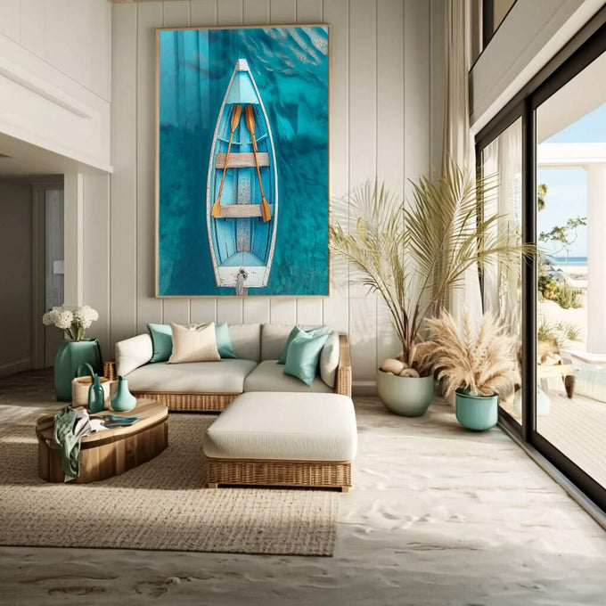 Quadro Decorativo Canoa Serene Moderna | quadros decorativos para sala | Barco azul e branco flutuando em águas turquesas vistas de cima com sombra e detalhes de cordas laranja. | Porao dos Quadros