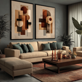 Quadro Decorativo Abstrato Aconchegante | quadros decorativos para sala | Duas telas com abstratos geométricos em tons terracota, bege e marrom com círculos e linhas verticais. | Porao dos Quadros
