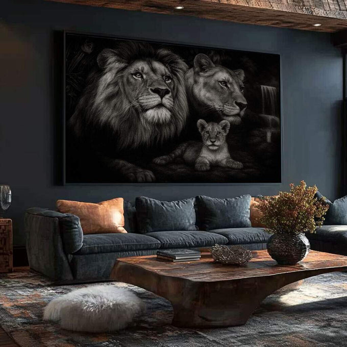 Quadro Decorativo Leões Majestosos | quadros decorativos para sala | Leão majestoso com lionesa e filhote em preto e branco, composição realista com profundidade de luz e sombra | Porao dos Quadros