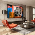 Quadro Decorativo Essência do Jazz Vibrante | quadros decorativos para sala | Saxofonista em preto e branco com formas geométricas abstratas em laranja, azul e vermelho ao fundo | Porao dos Quadros