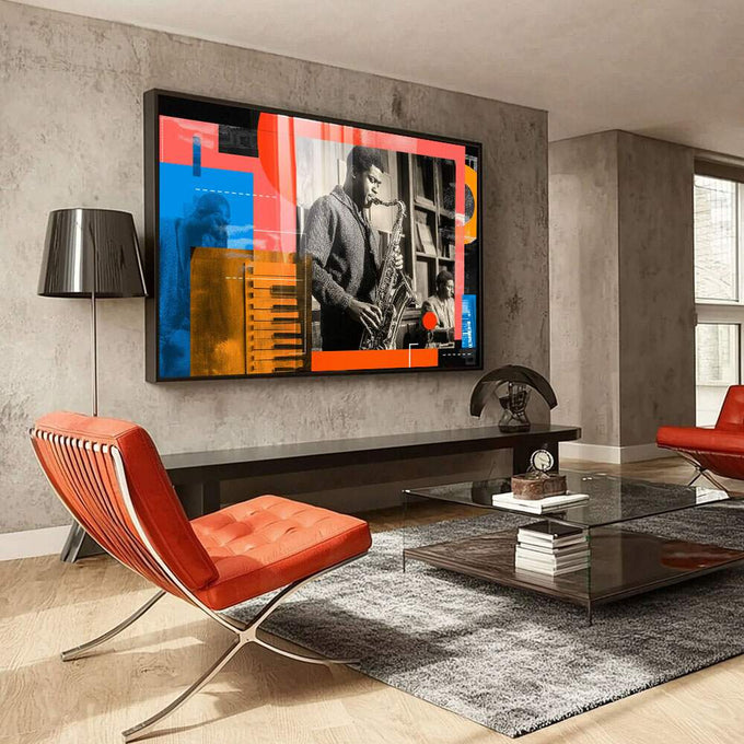 Quadro Decorativo Essência do Jazz Vibrante | quadros decorativos para sala | Saxofonista em preto e branco com formas geométricas abstratas em laranja, azul e vermelho ao fundo | Porao dos Quadros