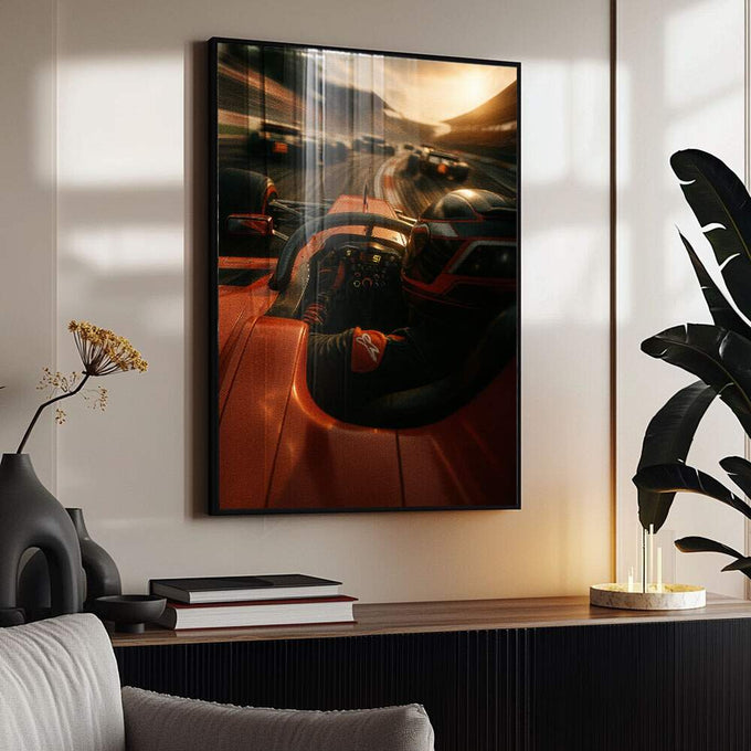 Quadro Decorativo Aventura em Alta Velocidade | quadros decorativos para sala | Piloto acelerando supercarro vermelho na pista ao entardecer com sol dourado | Porao dos Quadros