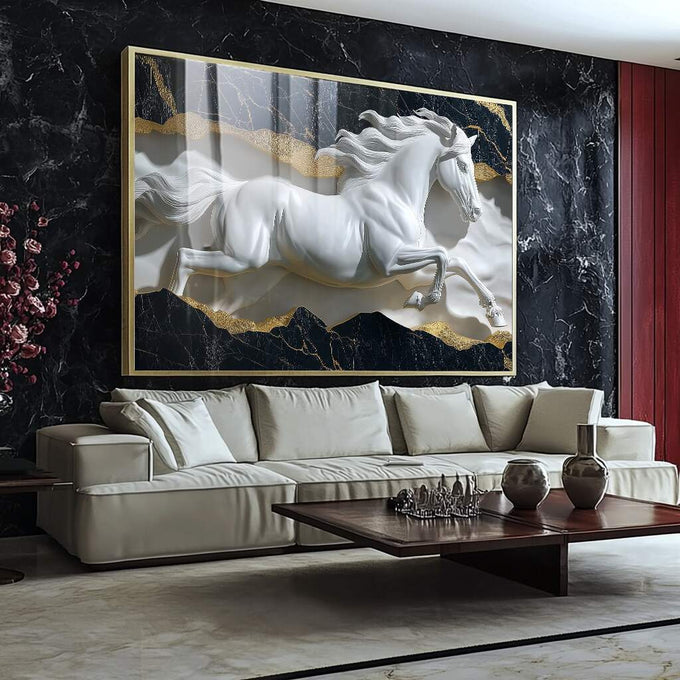 Quadro Decorativo Escultura de Cavalo Branco em Movimento | quadros decorativos para sala | Cavalo branco em relevo galopando com detalhes dourados sobre fundo de mármore preto | Porao dos Quadros