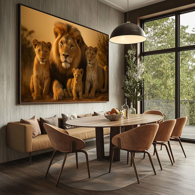 Quadro Decorativo Leão e Filhotes | quadros decorativos para sala | Leão majestoso com leoa e filhotes em tons dourados e âmbar, composição realista em luz natural | Porao dos Quadros