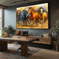 Cavalos em Movimento - Quadro Decorativo | quadros decorativos para sala | Quatro cavalos em tons de ouro, laranja e azul galopando dinamicamente em composição realista com movimento. | Porao dos Quadros