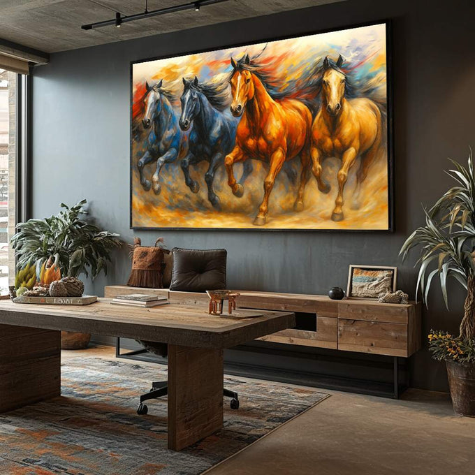 Cavalos em Movimento - Quadro Decorativo | quadros decorativos para sala | Quatro cavalos em tons de ouro, laranja e azul galopando dinamicamente em composição realista com movimento. | Porao dos Quadros