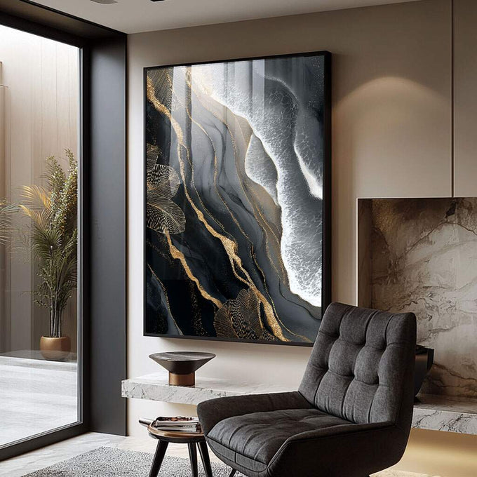 Quadro Decorativo Serenidade Dourada | quadros decorativos para sala | Composição aérea de litoral em preto, cinza e ouro, com camadas geológicas e linhas douradas. | Porao dos Quadros