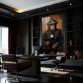 Quadro Decorativo Sofisticado Chimpanzé Elegante | quadros decorativos para sala | Chimpanzé em smoking preto segurando taça de vinho com elegância humanizada | Porao dos Quadros