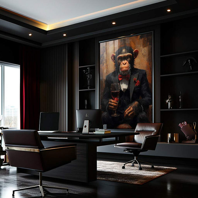Quadro Decorativo Sofisticado Chimpanzé Elegante | quadros decorativos para sala | Chimpanzé em smoking preto segurando taça de vinho com elegância humanizada | Porao dos Quadros