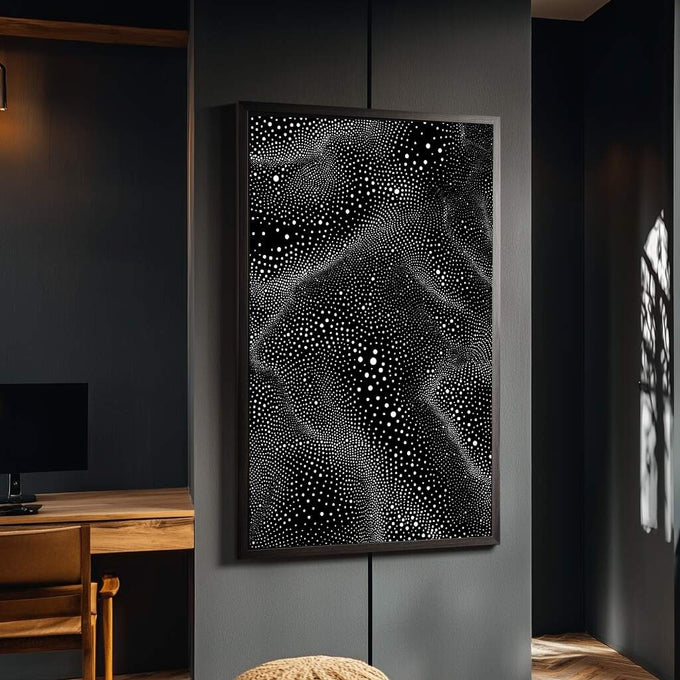 Quadro Decorativo Abstrato Estelar | quadros decorativos para sala | Padrão abstrato com pontos e círculos preto e branco em composição fluida e geométrica | Porao dos Quadros