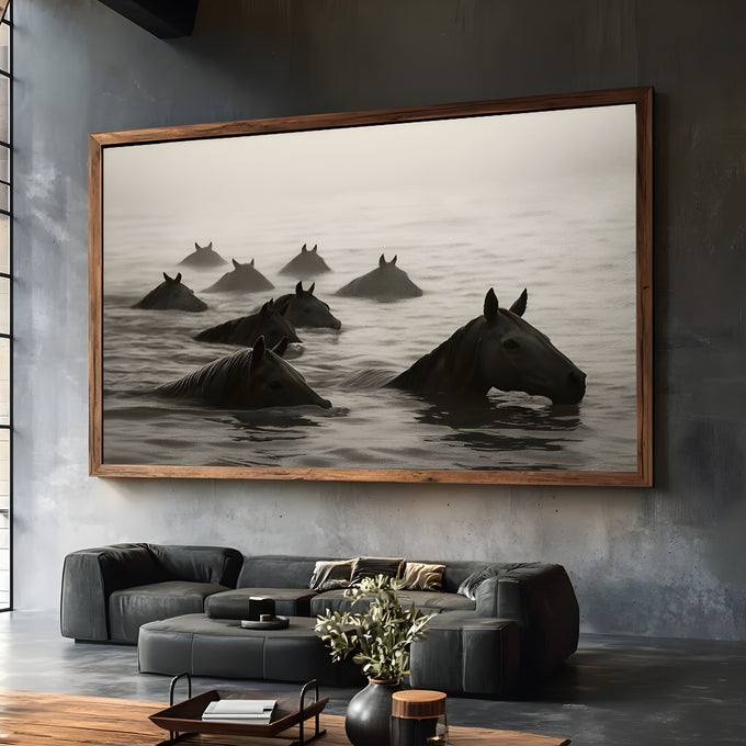 Manada de cavalos escuros nadando em água enevoada, fotografia preto e branco, quadro decorativo
