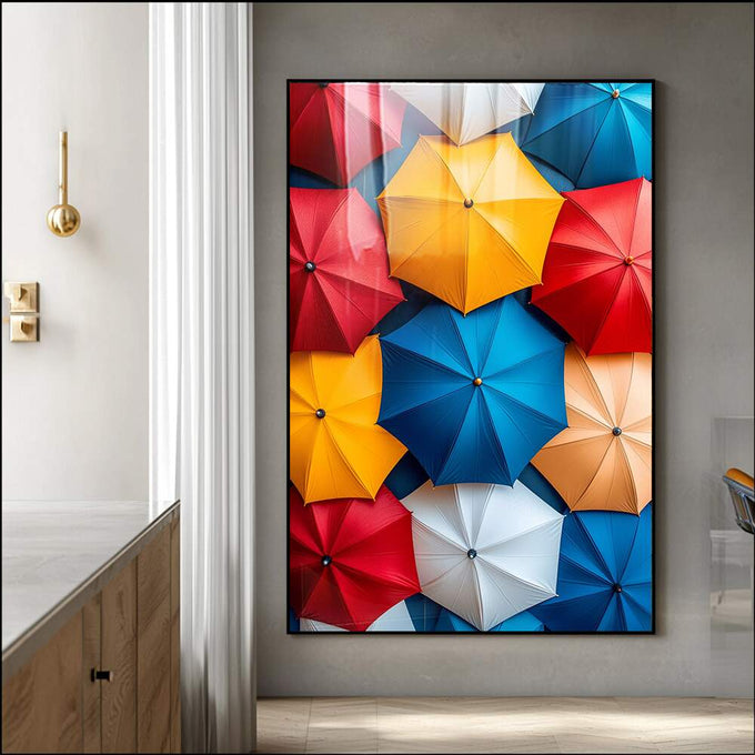 Quadro Decorativo Alegria Colorida | quadros decorativos para sala | Guarda-chuvas coloridos em composição geométrica simétrica com vermelho, azul, amarelo e neutros. | Porao dos Quadros