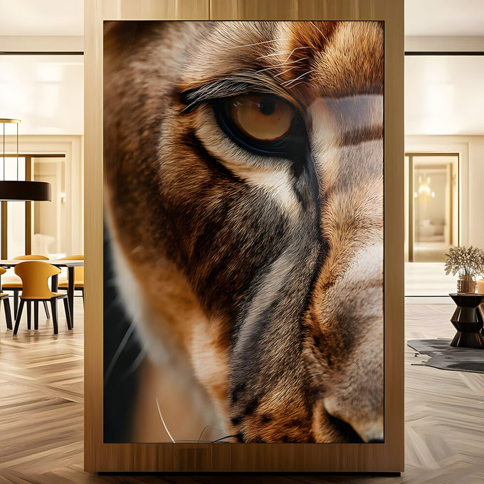 Close do olho âmbar de um leão com pelagem marrom e dourada em fotografia realista, quadro decorativo