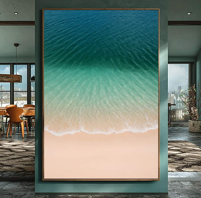 Quadro Decorativo Praia Serenidade | quadros decorativos para sala | Praia tropical com água turquesa degradando em tons aquamarine e areia bege clara | Porao dos Quadros