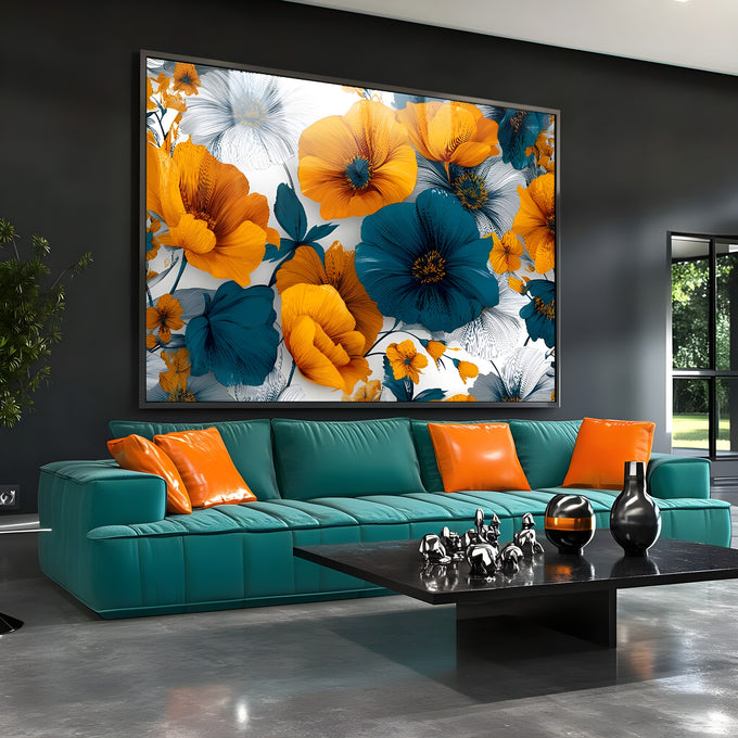 Flores grandes laranja, azul petróleo e brancas com folhas sobre fundo claro, quadro decorativo
