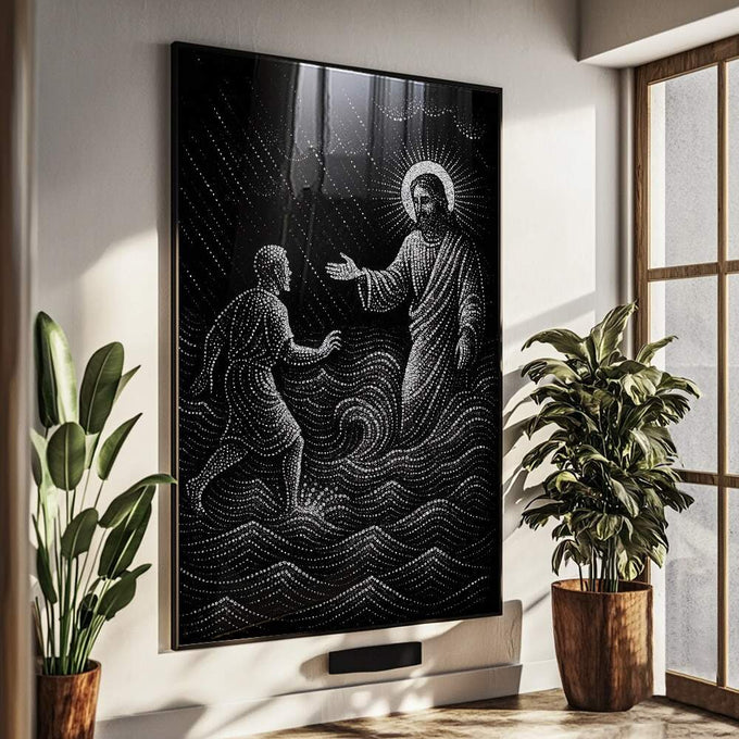Quadro Decorativo Onda de Esperança Espiritual | quadros decorativos para sala | Jesus e figura em técnica pontilhista com halo radiante contra fundo preto | Porao dos Quadros