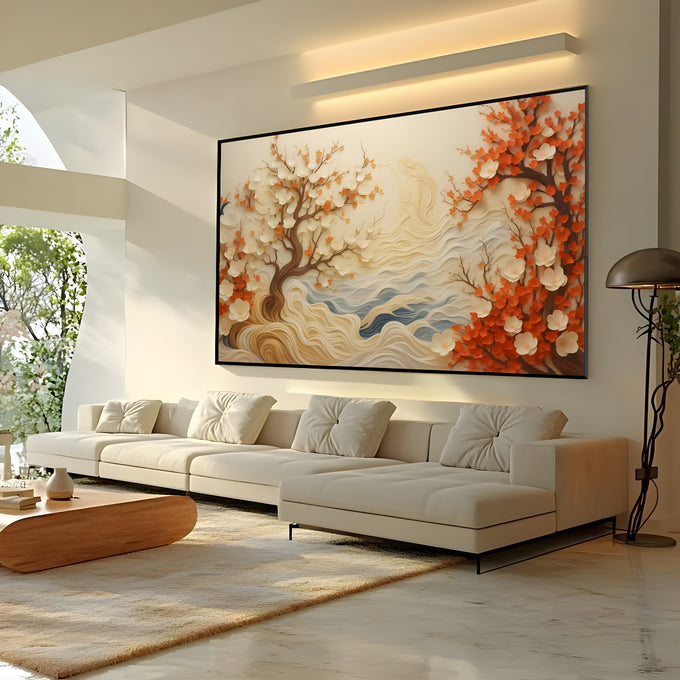 Árvores floridas em relevo com flores brancas e laranja e ondas creme e azuis, quadro decorativo