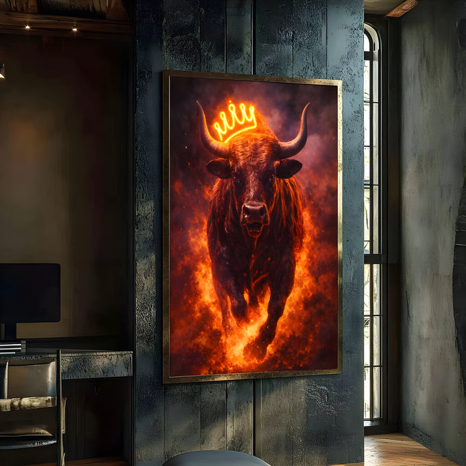 Touro escuro com coroa neon avançando entre chamas laranja e fumaça, quadro decorativo