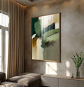 Quadro Decorativo Serene Verde Abstrato | quadros decorativos para sala | Pintura abstrata em verde, dourado e bege com gestos dinâmicos e composição fluida | Porao dos Quadros