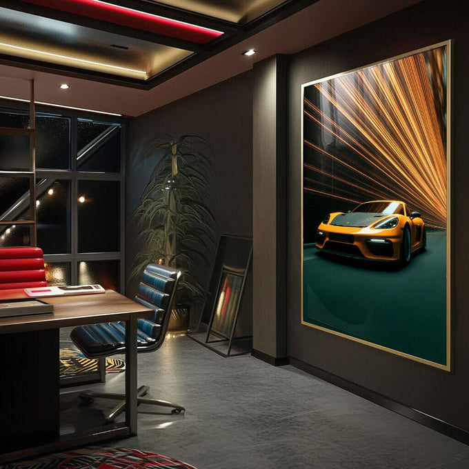 Quadro Decorativo Carro Adrenalina em Movimento | quadros decorativos para sala | Porsche dourado com luzes abstratas em movimento e fundo verde escuro | Porao dos Quadros
