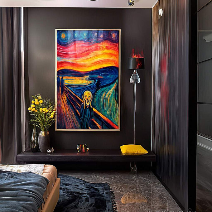 Quadro Decorativo O Grito Arte Impactante | quadros decorativos para sala | Figura angustiada em tons azuis e laranja vibrantes com ondulações expressionistas dinâmicas | Porao dos Quadros